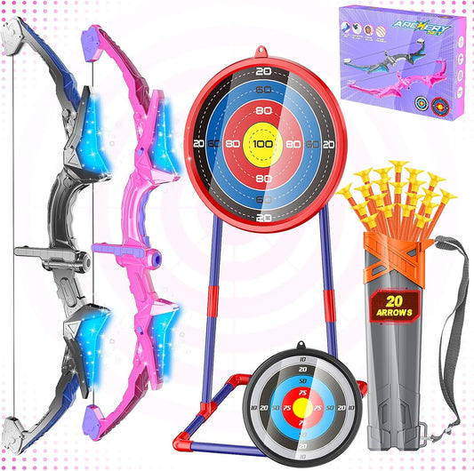 2 Pack Kids Bow and Arrow, 20 Suction Cup Arrows, 2 Archery Targets&Quiver, Light-up Set for Kids Ages 4-8 8-12, Indoor Outdoor Toys for Boys Girls, (Black & Pink)