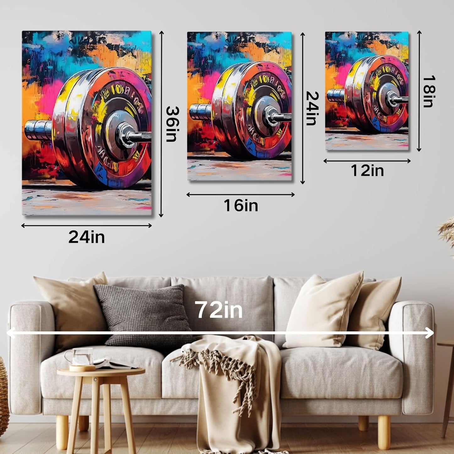 sawjug Gym Barbell Wall Decor, Colorful Graffiti Canvas Wall Art, Gym Motivational Wall Art, Colorful Pictures Wall Decor, Wall Painting for Living Room, Bedroom (12" x 18" x 3 pcs)