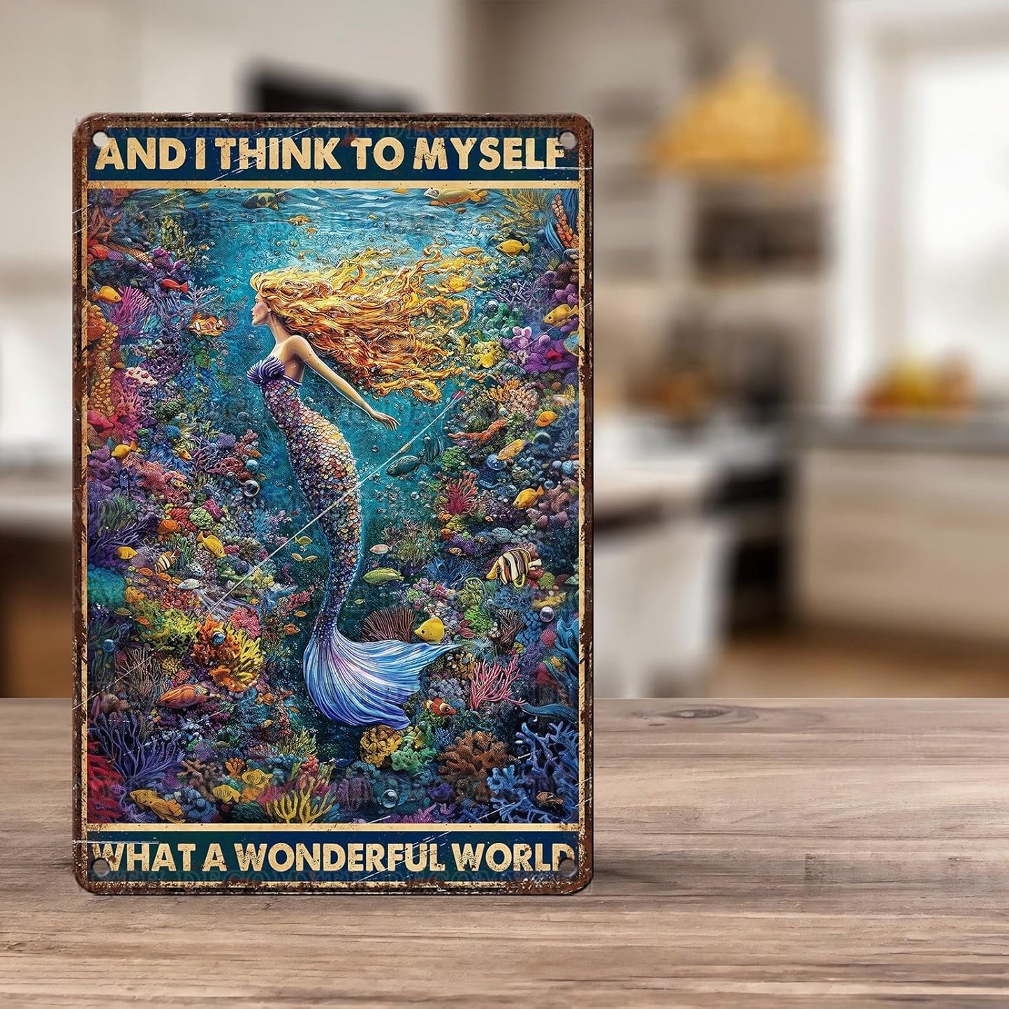Retro Mermaid Tin Sign And I Think to Myself What a Wonderful World Vintage Metal Poster Funny Wall Art Toilet Bathroom Man Cave Bar Cafe Indoor Room Garage 12 * 8inch