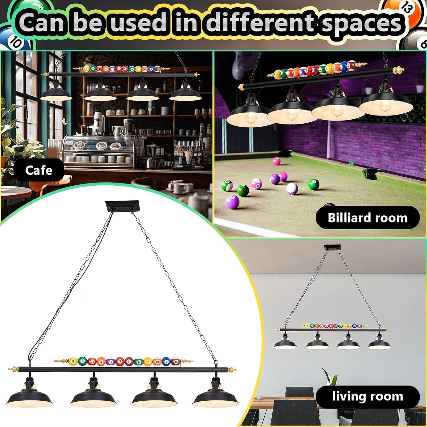 Adjustable Pool Table Lights for 7'-8' Billiard Light Hanging Pool Table Light Fixture Lighting Pendant Lamp with Metal Shades for Game Rooms (Bulb Not Included)(4 Lights)