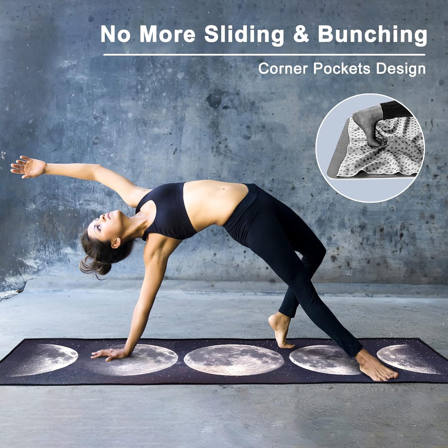 QiyI Yoga Mat Towel with Corner Pockets, Non Slip Sweat Absorbent Hot Yoga Towels, Soft Yoga Blankets with Travel Bag, Skidless Mat Cover for Workout, Gym, Fitness - 70"x26", Moon Cycle