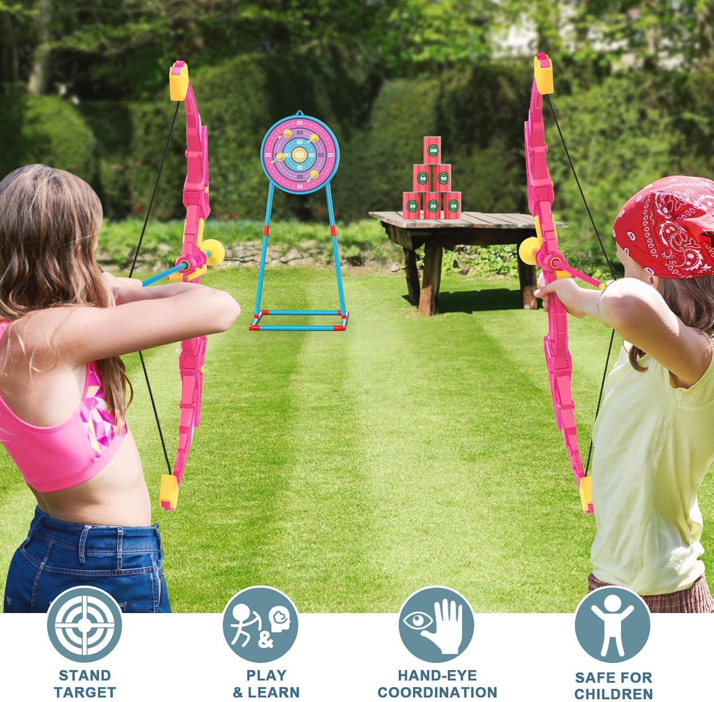 2 Pack Kids Bow and Arrow Set, Pink Light Up Archery Toy Set, 2 Foam Dart Blaster & 6 Target Cans Toys for Ages 5-7, Kids Indoor Outdoor Birthday Gifts Ideas for Boys Girls 4 5 6 7 8 9 10 Year Old