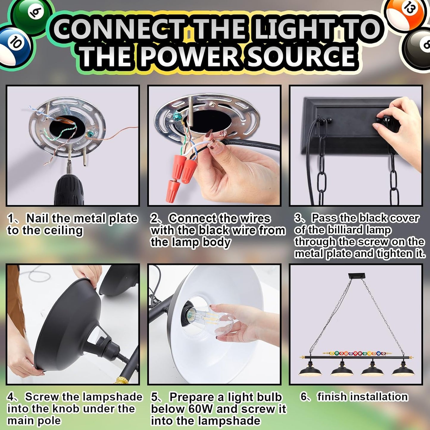 Adjustable Pool Table Lights for 7'-8' Billiard Light Hanging Pool Table Light Fixture Lighting Pendant Lamp with Metal Shades for Game Rooms (Bulb Not Included)(4 Lights)