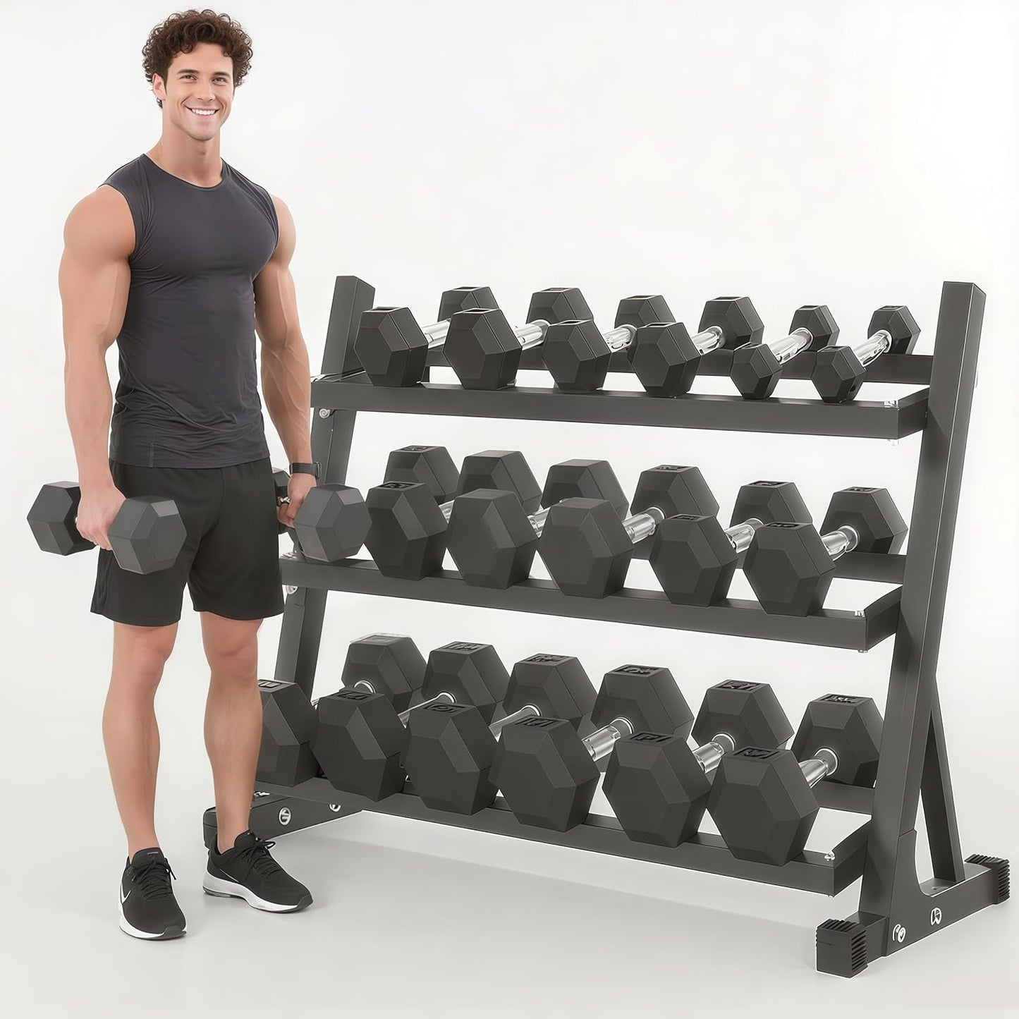 Ritafer 6-10 Pair Hex Rubber Dumbbell Set 350/450 and 550 lbs（5-50 lbs ）Hand Free Weight for Strength Coated Encased Iron Weights with Dumbbells Storage Rack Home Gym