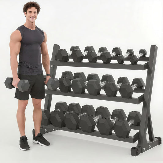 Ritafer 6-10 Pair Hex Rubber Dumbbell Set 350/450 and 550 lbs（5-50 lbs ）Hand Free Weight for Strength Coated Encased Iron Weights with Dumbbells Storage Rack Home Gym