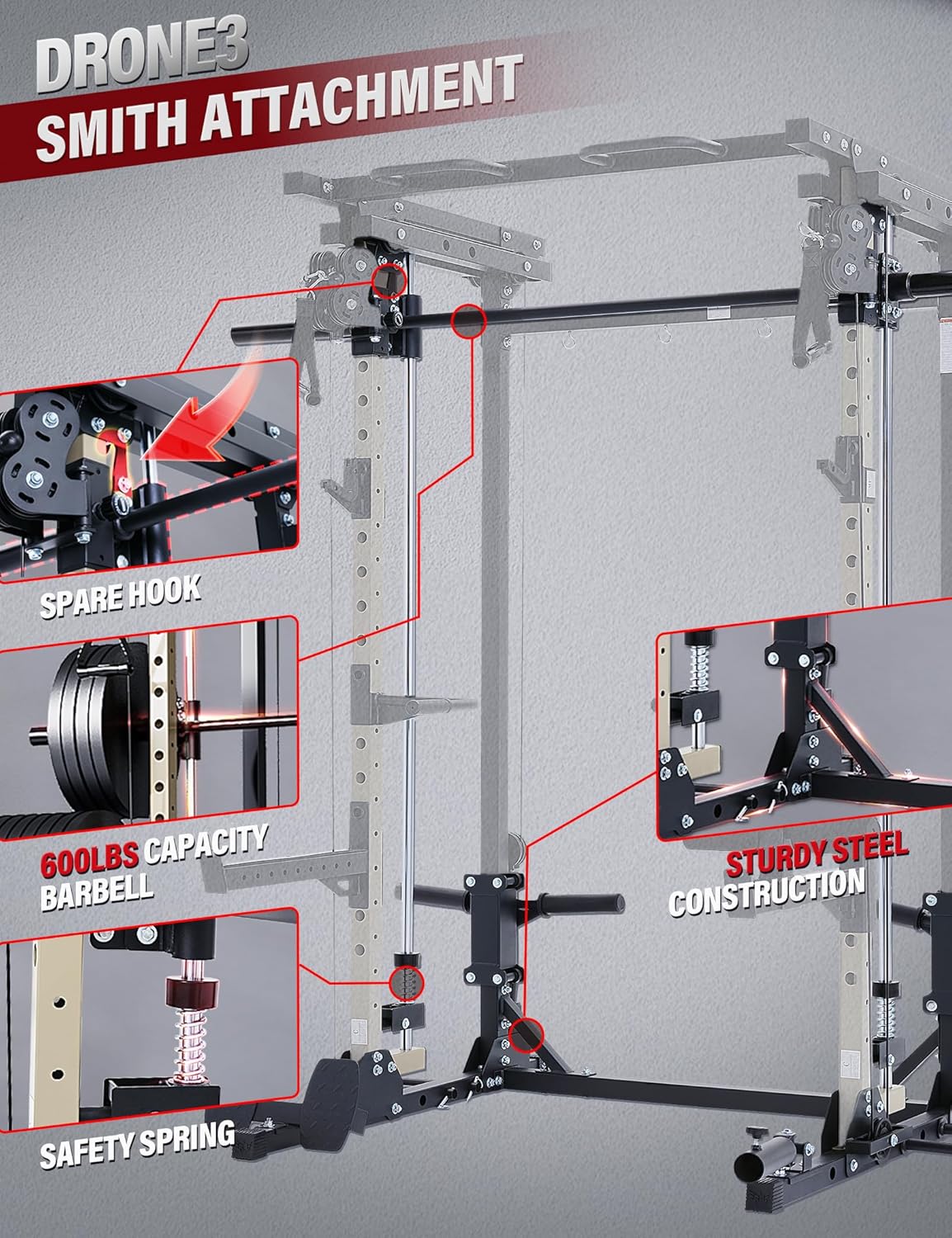 Major Fitness Drone3 Smith△ Machine – All-in-One Home Gym Squat Rack with Weight Bar, Cable Crossover Machine – Heavy-Duty Fitness Equipment for Strength Training and Full-Body Workouts