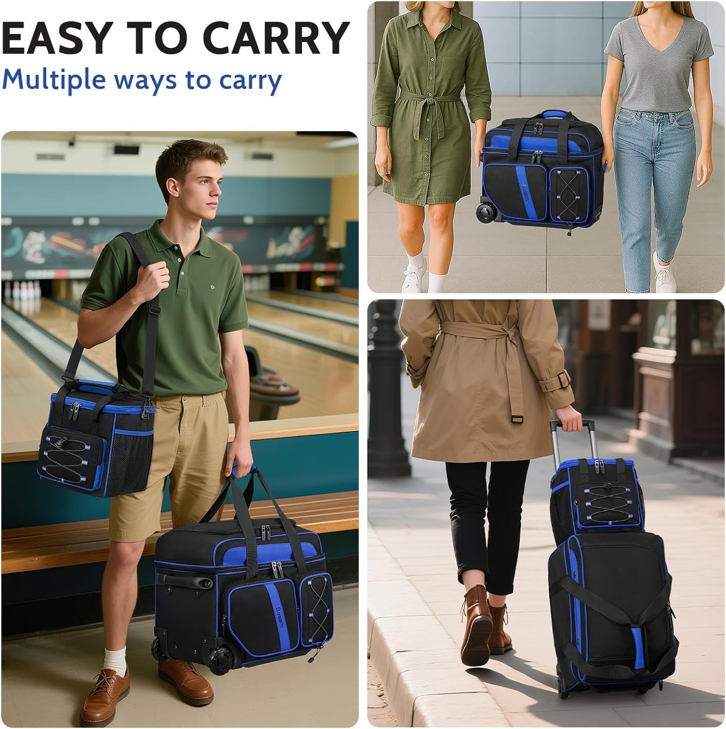 3 Ball Bowling Bag with Wheels, 2 Ball Bowling Bags Double roller with 1 Ball Add On Bag, Multi-Pockets & Shoe Compartment (Fits Up to Size 15)