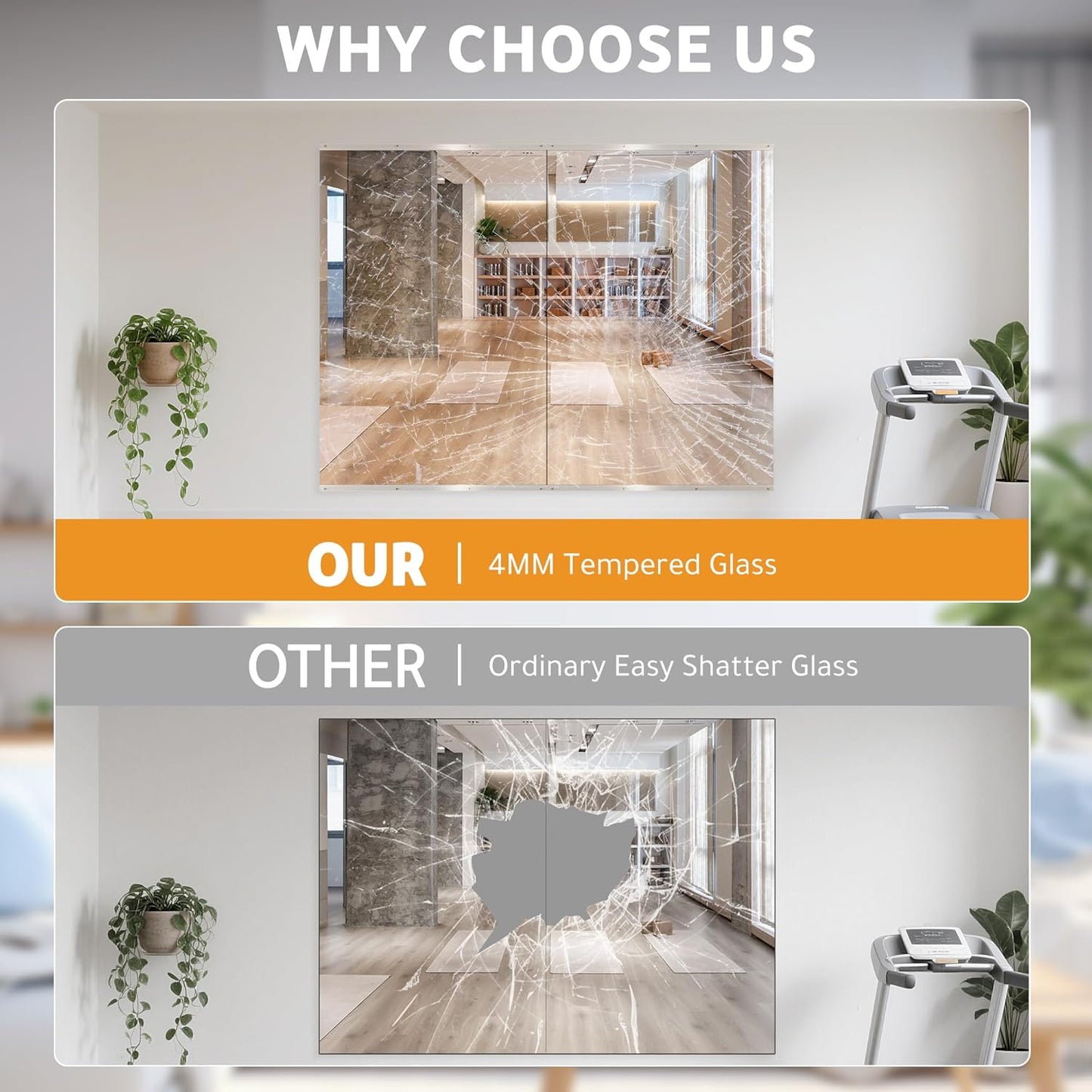 ROOMTEC Workout Mirrors for Home Gym 60"x48"-2 PCS, Large Wall Mirror Full Length for Fitness, Yoga, Big Wall Mounted Frameless Glass Mirror for Garage, Dance Studio, Bedroom