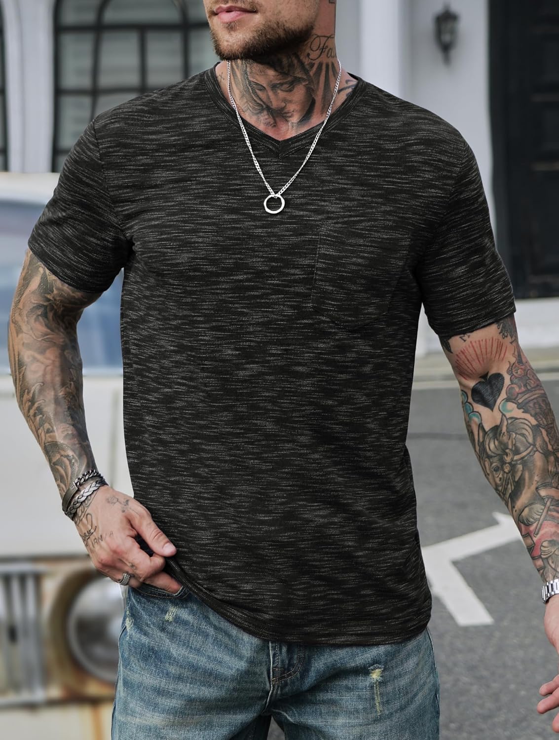Men's V Neck T Shirts Casual Stylish Fitted Stretch Tee Shirt with Pocket (S-3XL)