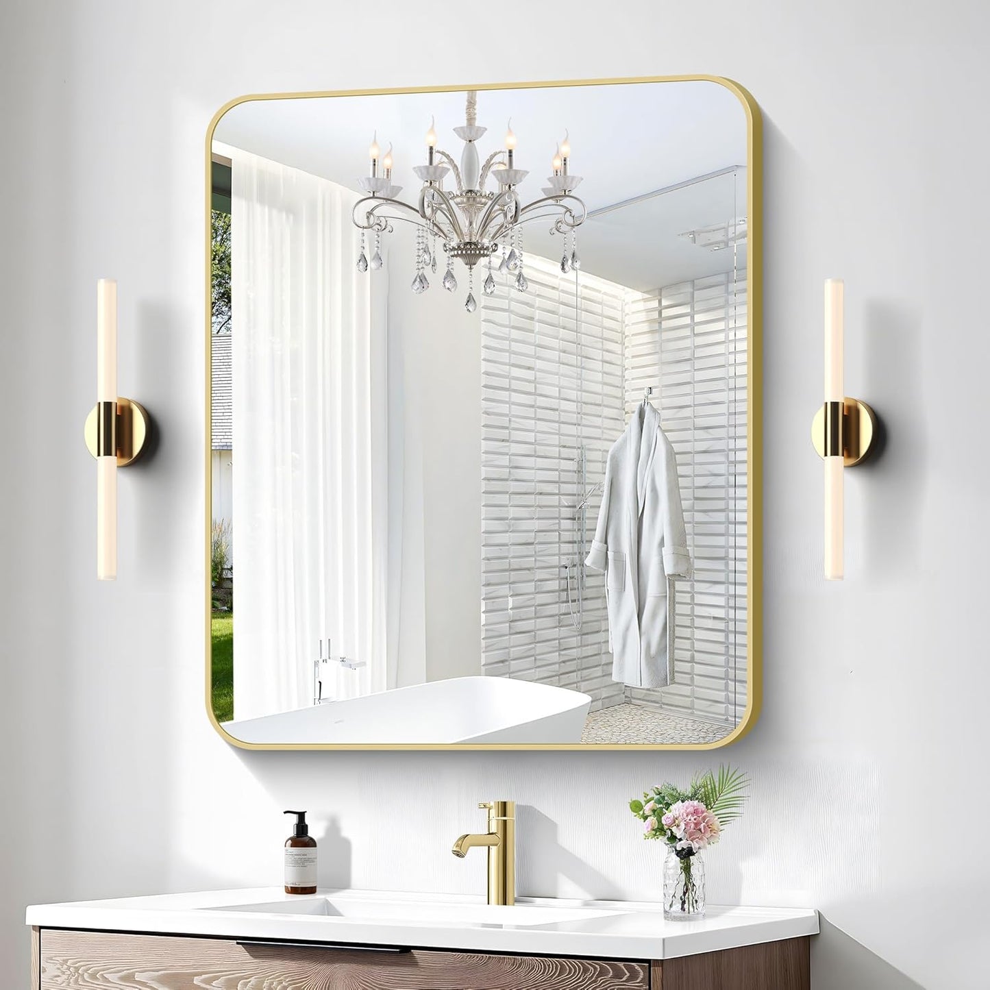 Gold Bathroom Mirror,30x36 inch Wall Mirror for Bathroom Wall Mounted,Round Rectangle Mirror for Bathroom Over Sink,Modern Frame for Home Decor Living Room,Bedroom Entryway,Horizontal/Vertical