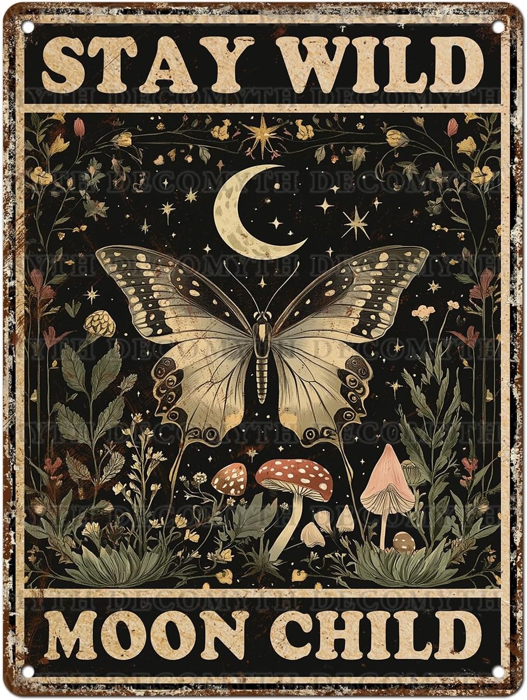 Vintage Tin Sign Butterfly Stay Wild Moon Tin Sign Retro Wall Decor for Home Office Room Wall Decor Poster 12 * 16inch