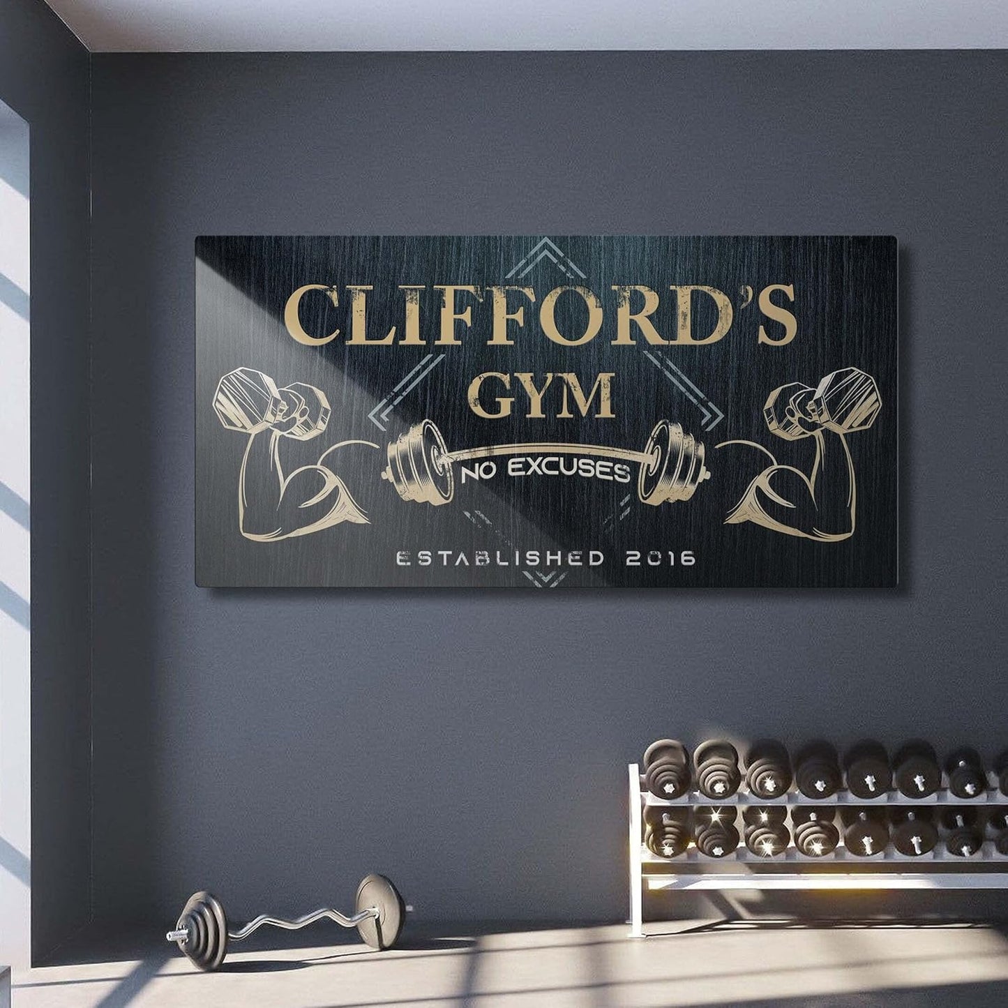 Tailored Canvases Personalized Gym Sign Wall Art Decor - Motivational Canvas for Home Gym, Workout Room, Garage, Fitness Center - Workout Inspirational Posters - Gym Name on Charcoal Background, 60x30in