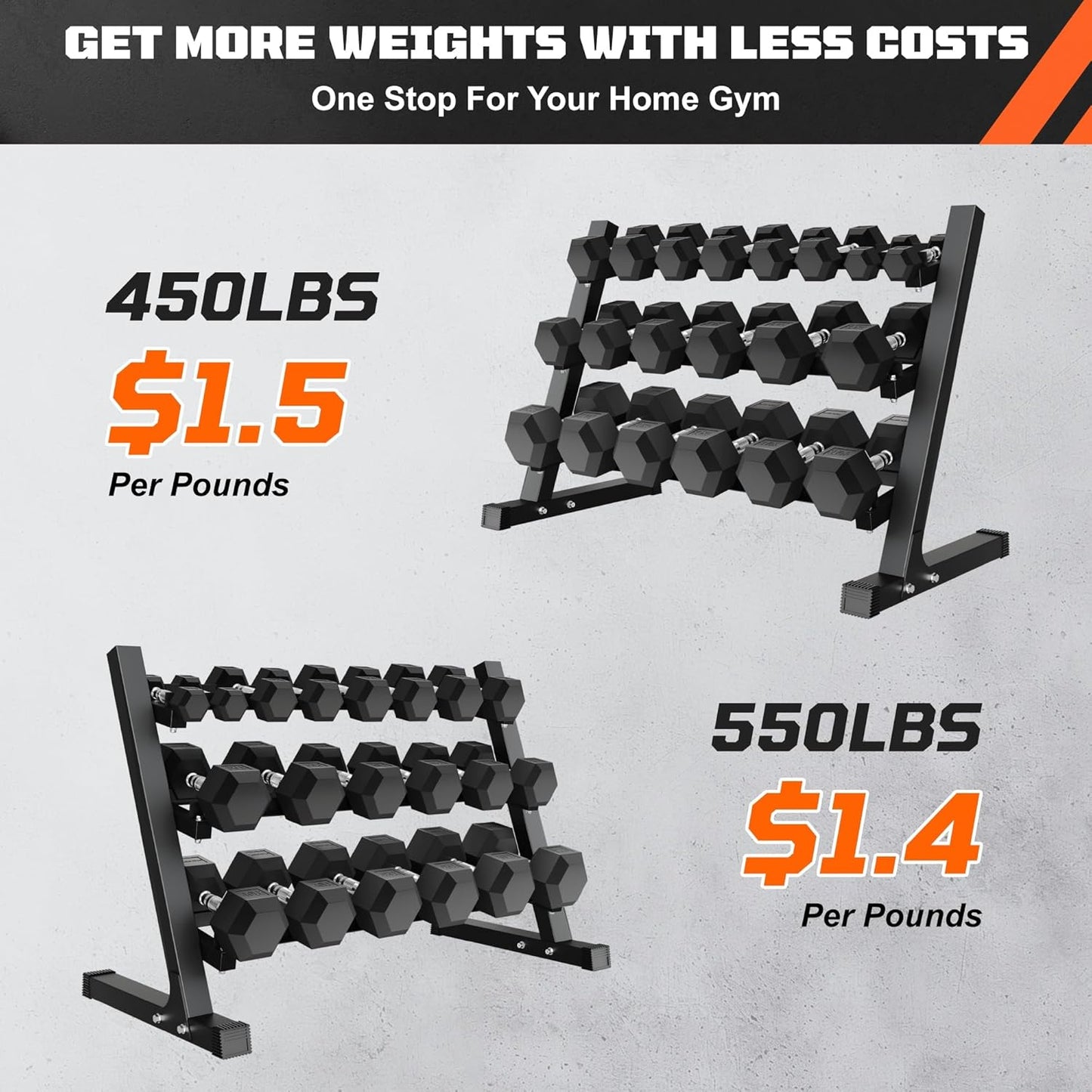 450/550 Dumbbell Sets with Rack, Rubber Hex Dumbbells, Free Weight set for Home Gym, Hand Weights with Chrome Handle for Strength Training