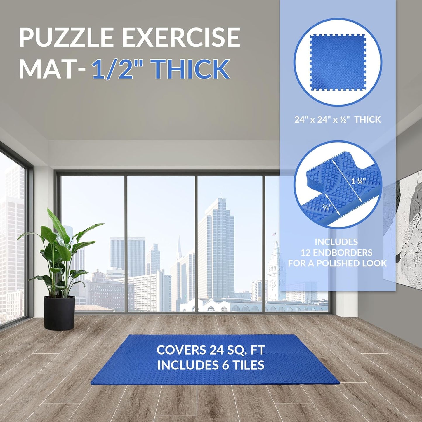Puzzle Exercise Gym Flooring Mat, 1/2" Thick High-Density EVA Interlocking Tiles Workout Mat for Home Gym, Fitness Equipment, MMA, Gymnastics, 6-Piece Shock-Absorbing Exercise Mat (24 Sq Ft)