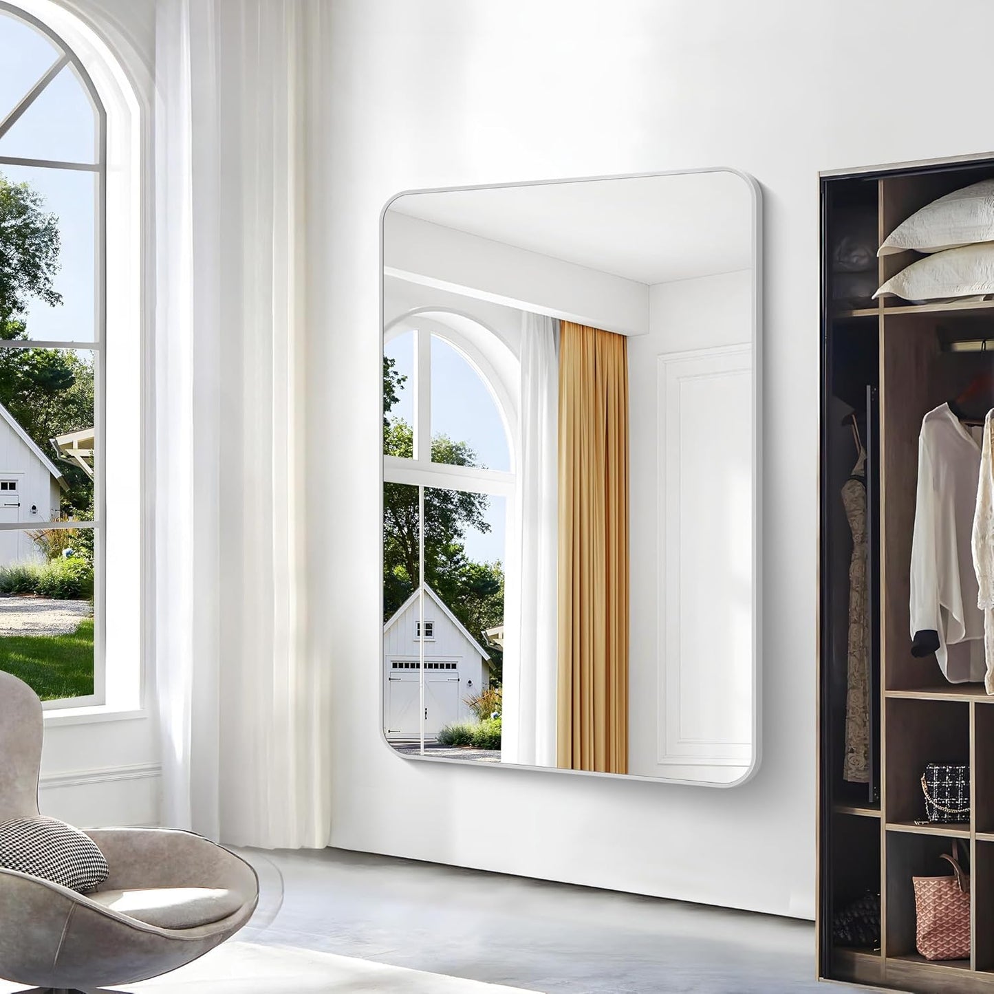 Silver Bathroom Mirror,60x40 inch Wall Mirror for Bathroom Wall Mounted,Rectangle Mirror for Bathroom Over Sink,Modern Frame Round Corner for Living Room,Bedroom Entryway,Horizontal/Vertical