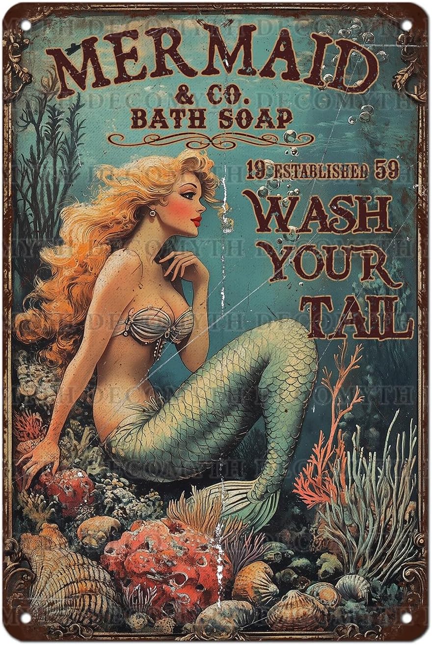 Retro Mermaid Tin Sign Wash Your Tail Vintage Metal Poster Funny Bath Soap Wall Art Toilet Bathroom Man Cave Bar Cafe Indoor Living Room Garage 12 * 8inch