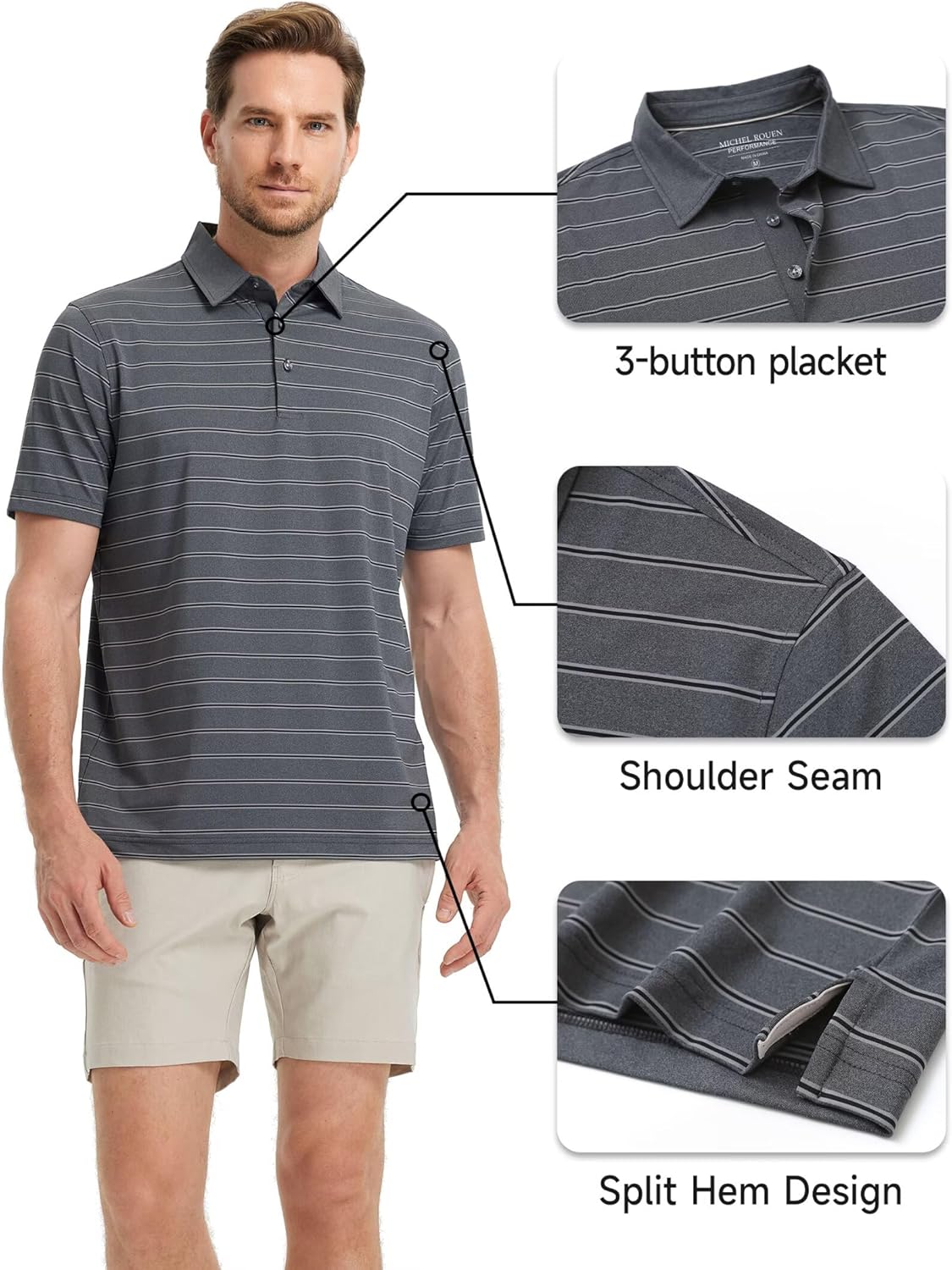 Rouen Polo Shirts for Men Dry Fit Performance Heather Stripe Golf Polo Moisture Wicking Lightweight Breathable Golf Shirts