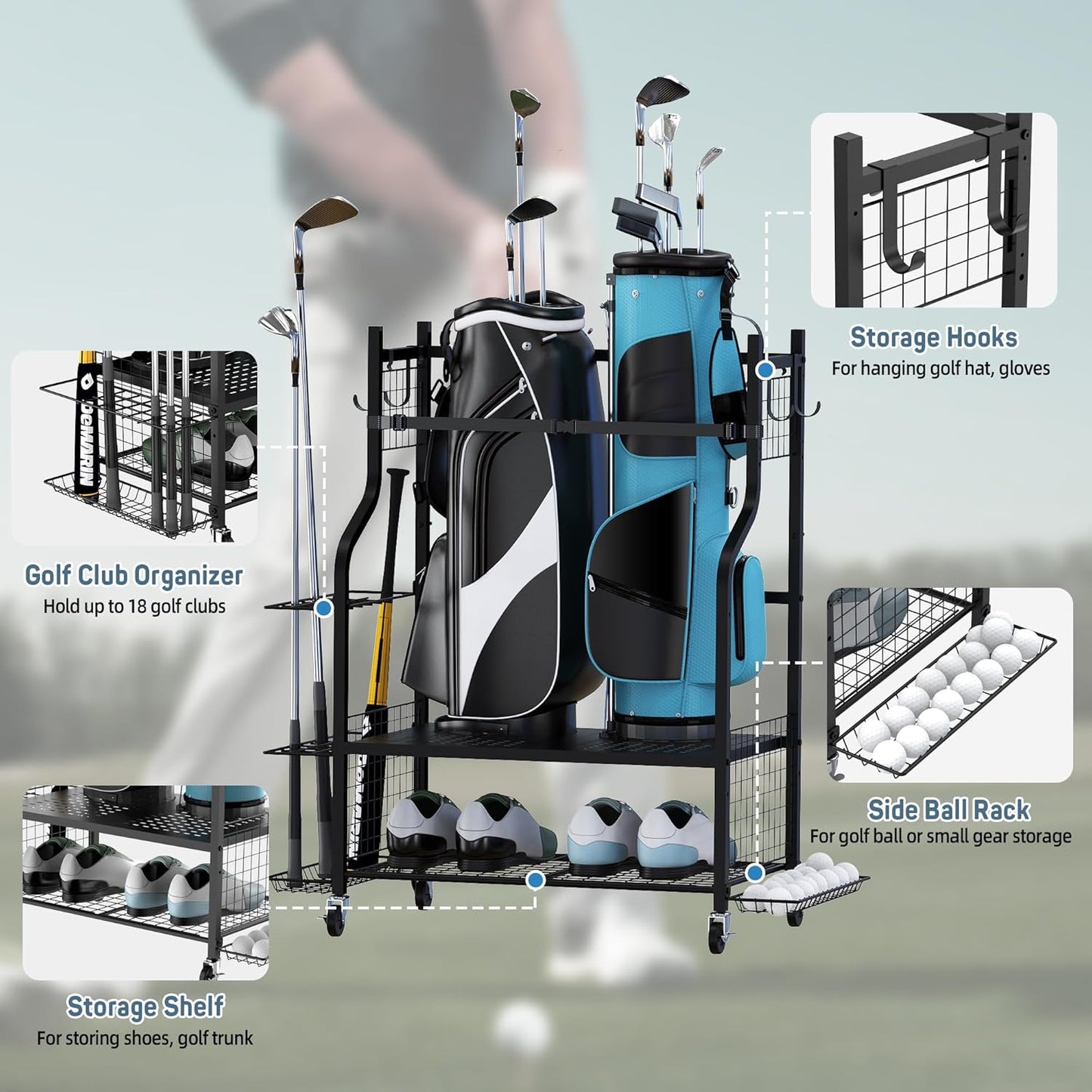 PLKOW Golf Bag Storage Garage Organizer, Extra Large Size Golf Bag Storage Stand and Golf Equipment Rack for Garage,Shed, Basement