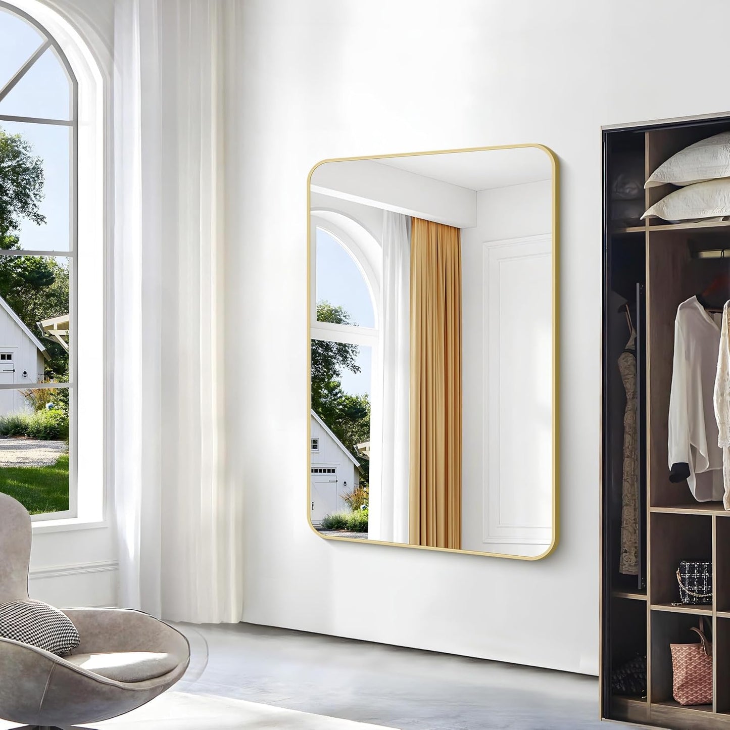 Gold Bathroom Mirror,55x36 inch Wall Mirror for Bathroom Wall Mounted,Round Rectangle Mirror for Bathroom Over Sink,Modern Frame for Home Decor Living Room,Bedroom Entryway,Horizontal/Vertical