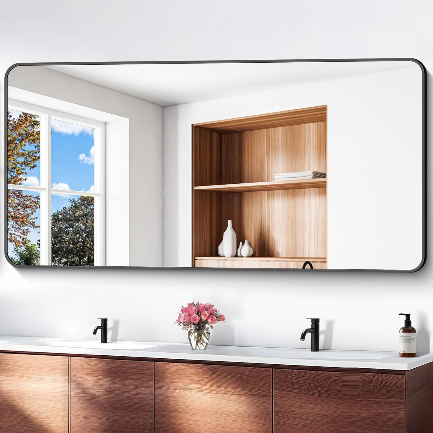 72x36 inch Large Bathroom Mirror,Black Rectangle Mirror,Wall Mounted Bathroom Frame Vanity Mirror with Round Corner for Bedroom Living Room,Entryway Hangs Horizontal or Vertical