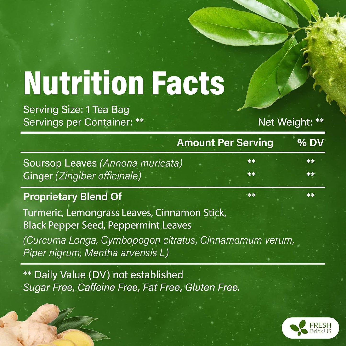 FreshDrinkUS, Super Soursop Herbal Tea – 40 Tea Bags | Soursop, Ginger, Turmeric, Lemongrass, Cinnamon, Black Pepper & Peppermint | Caffeine-Free, Natural Flavor, Plant-Based Blend | Sugar-Free