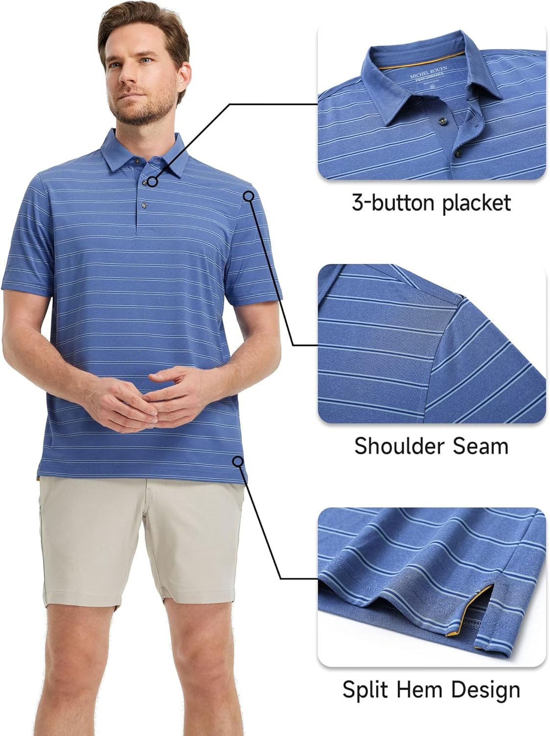 Rouen Polo Shirts for Men Dry Fit Performance Heather Stripe Golf Polo Moisture Wicking Lightweight Breathable Golf Shirts