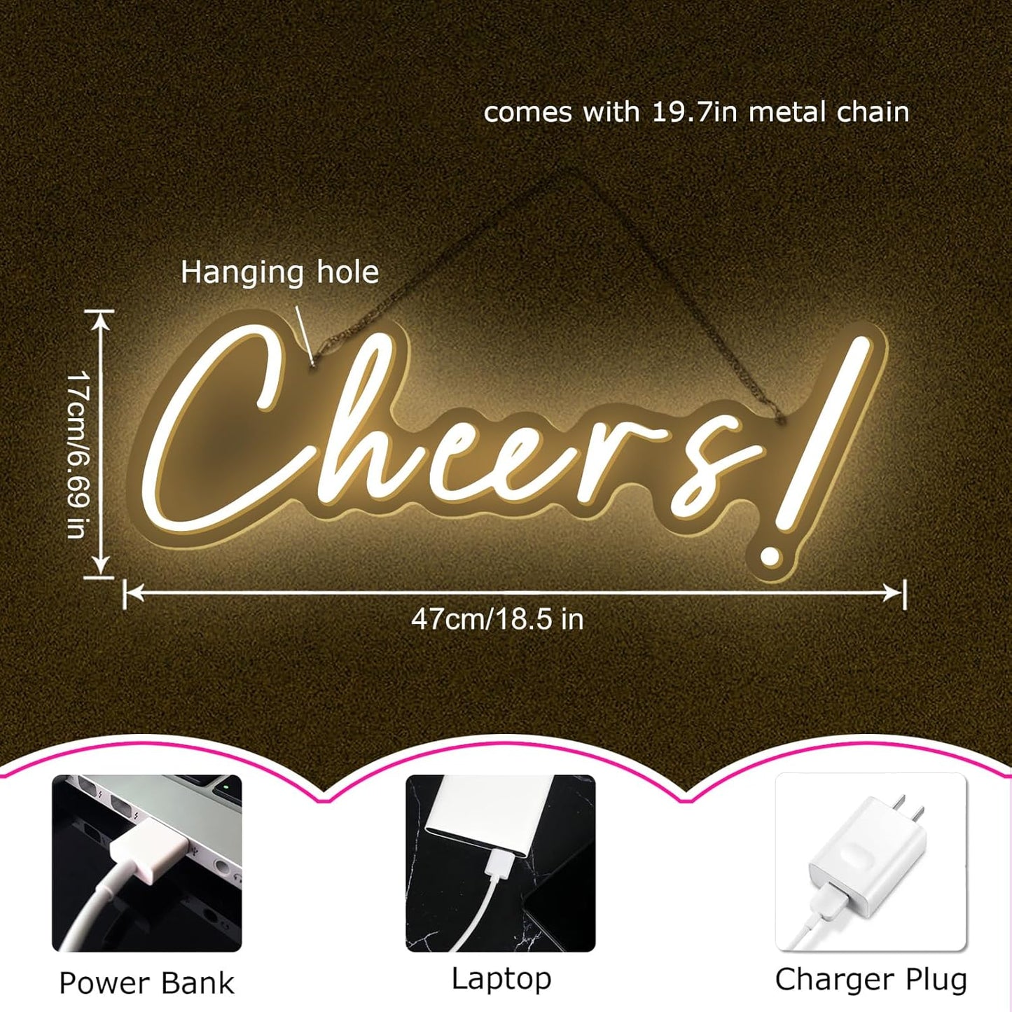 Cheers Neon Sign for Wall Decor LED Neon Cheers Light Sign USB Powered Wall Neon Light up Sign for Party Wall Décor Party Light Home Room Christmas Club Bistro Decor 5v (Warm White)