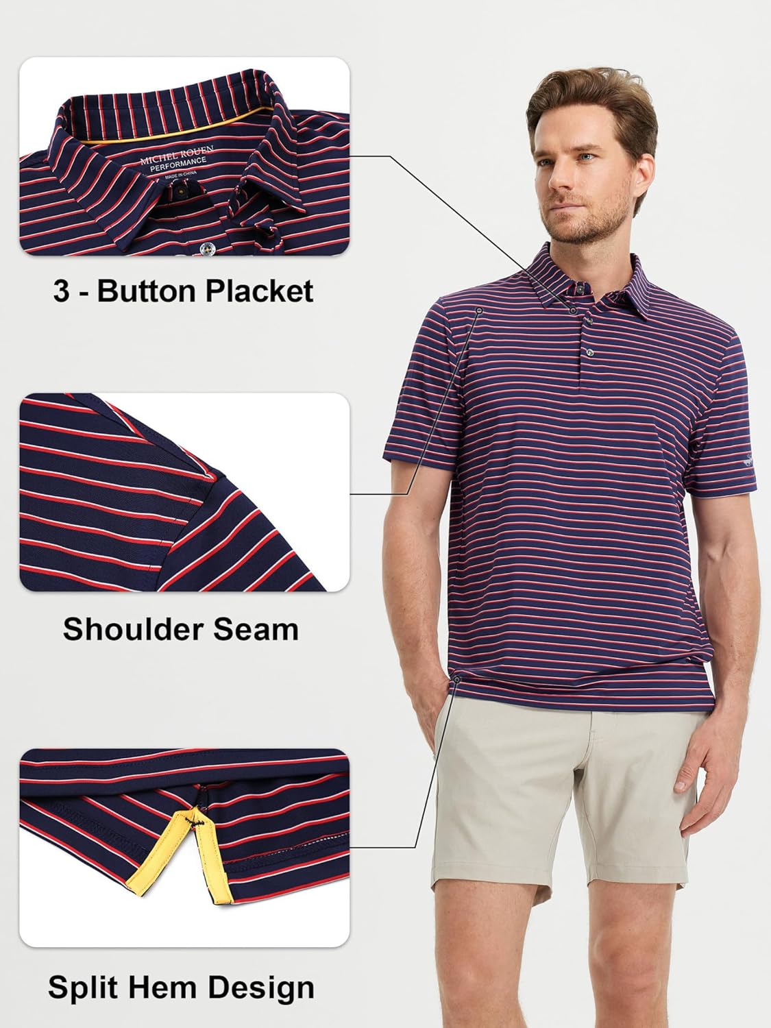 Rouen Mens Polo Shirts Short Sleeve Dry Fit Performance Moisture Wicking Causal Striped Polo Collared Golf Shirts for Men