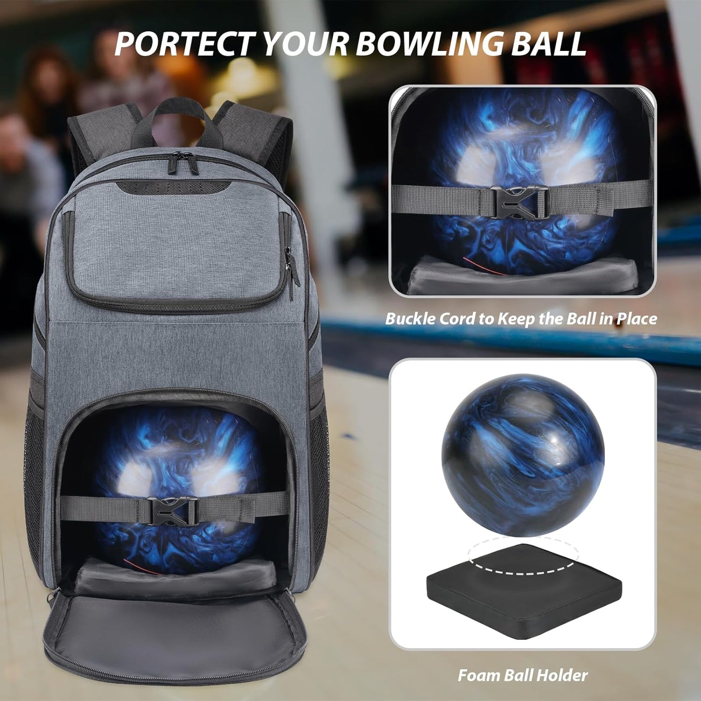 Bosynoy Bowling Backpack, Bowling Ball Bag Totes for Single Ball with Shoe Compartment & Foam Padded, Fits Shoes Up to US Mens Size 16, Grey
