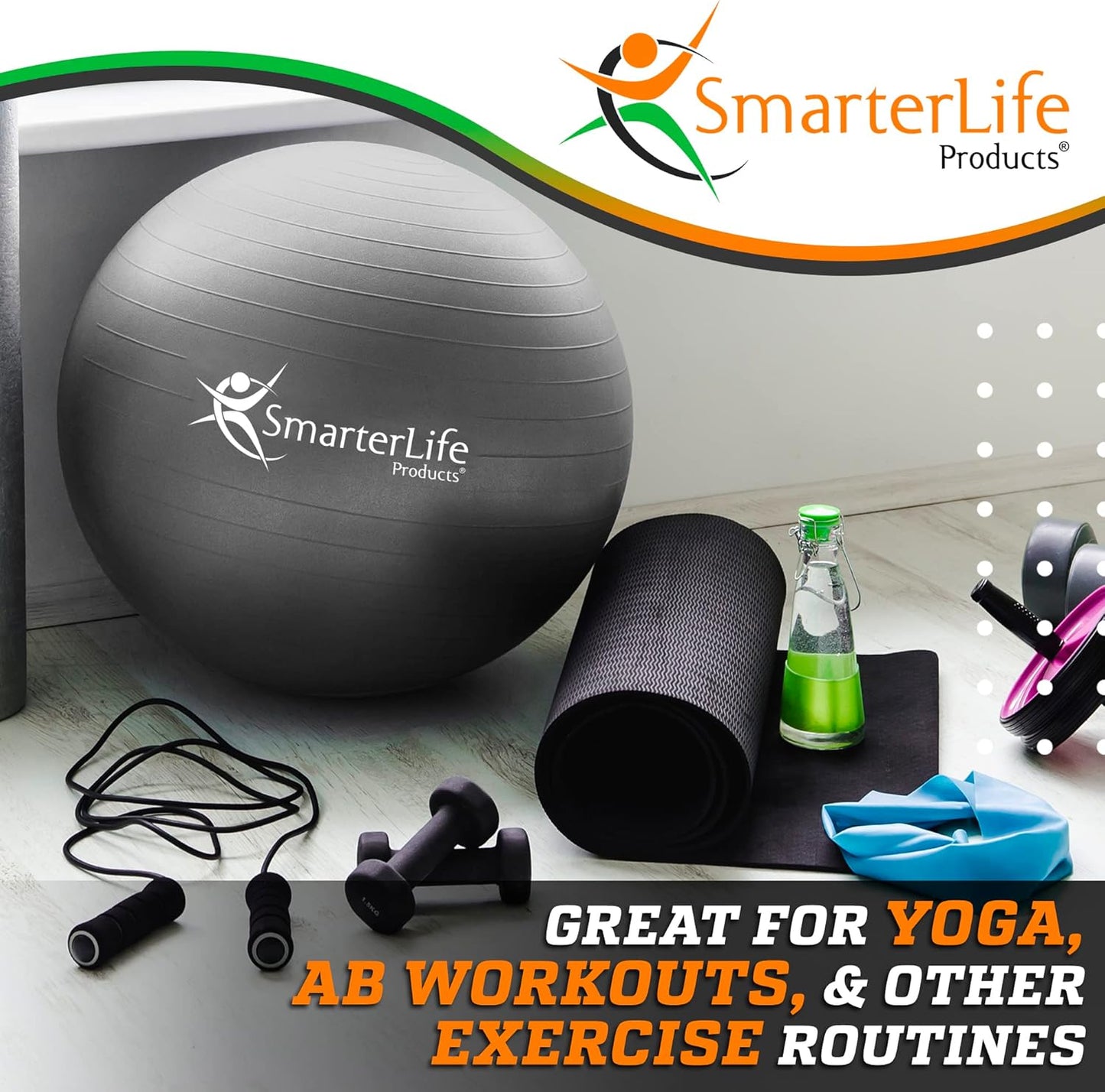 SmarterLife Exercise Ball Yoga Ball for Fitness, Balance, Stability, or Pregnancy, Gym Ball for Core Workout, Physical Therapy, Yoga Ball Chair for Office, Anti-Slip Anti-Burst