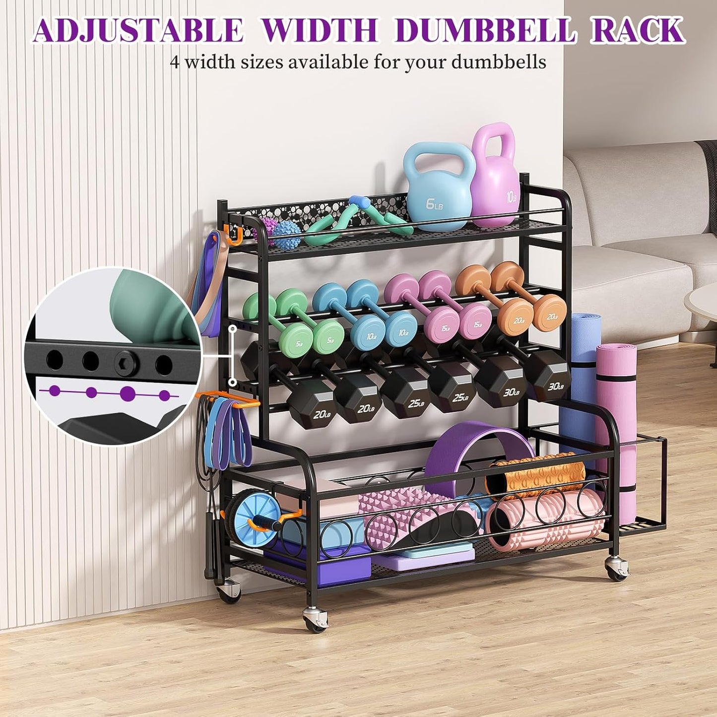 Dumbbell Rack, VOPEAK Weight Rack for Home Gym, Home Gym Storage Rack for Yoga Mat Kettlebells and Strength Training Equipment, Weight Storage Rack for Dumbbells with Wheels