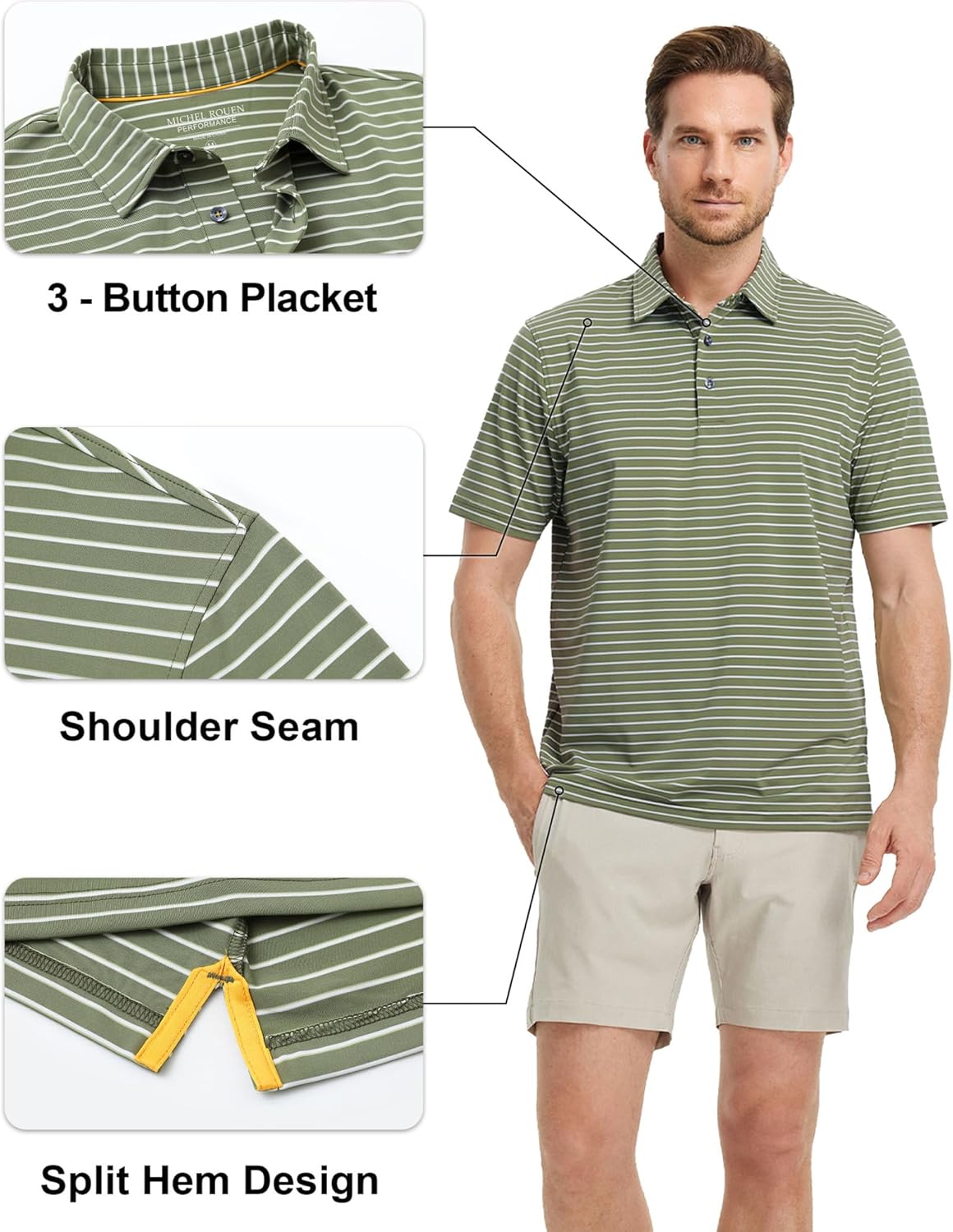 Rouen Mens Polo Shirts Short Sleeve Dry Fit Performance Moisture Wicking Causal Striped Polo Collared Golf Shirts for Men