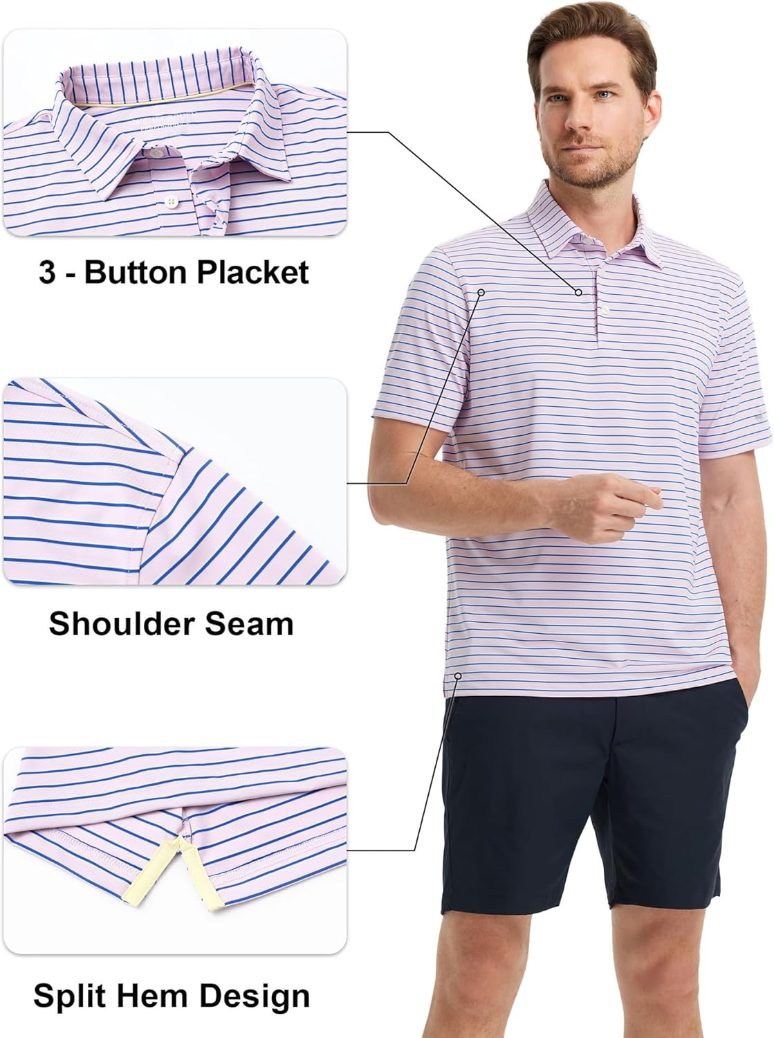 Rouen Mens Polo Shirts Short Sleeve Dry Fit Performance Moisture Wicking Causal Striped Polo Collared Golf Shirts for Men