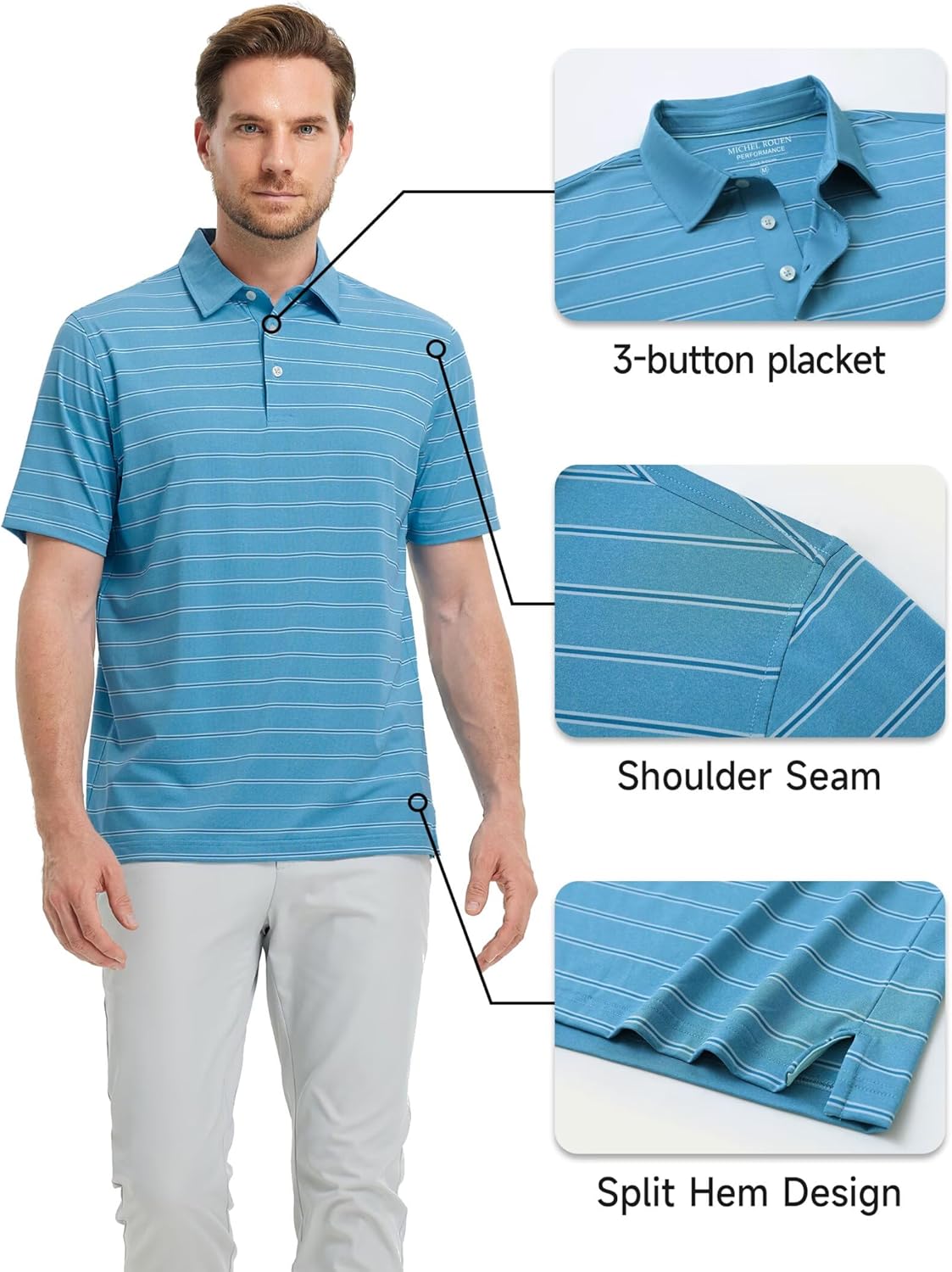 Rouen Polo Shirts for Men Dry Fit Performance Heather Stripe Golf Polo Moisture Wicking Lightweight Breathable Golf Shirts