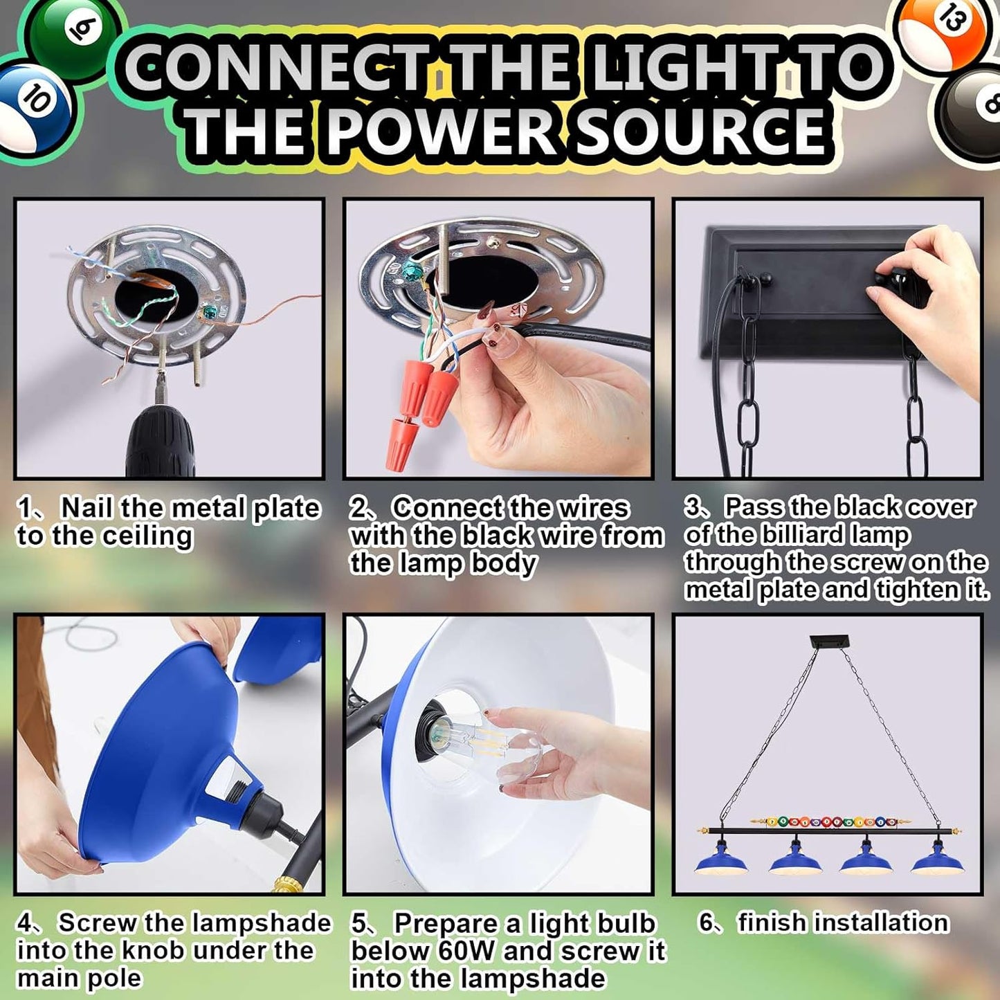 Adjustable 4 Light Pool Table Lights for 7'-8' Billiard Light Hanging Pool Table Fixture Lighting Pendant Lamp with Metal Shades for Game Rooms (Bulb Not Included)(Blue)