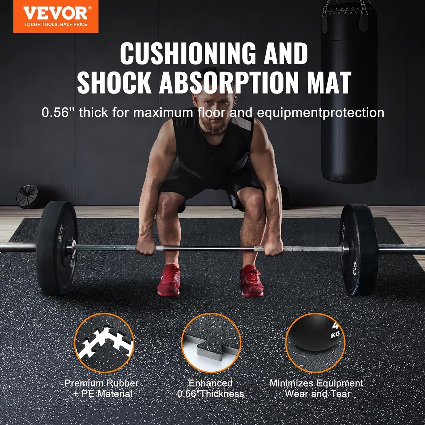 VEVOR 0.56 Inch Thick Gym Floor Tiles, 6 Tiles Rubber Top with EVA Foam, 25" x 25" Gym Flooring Workout Mats with 25 sq.ft Coverage, Interlocking Puzzle Gym Mats for Gym, Home, Garage, Black & White