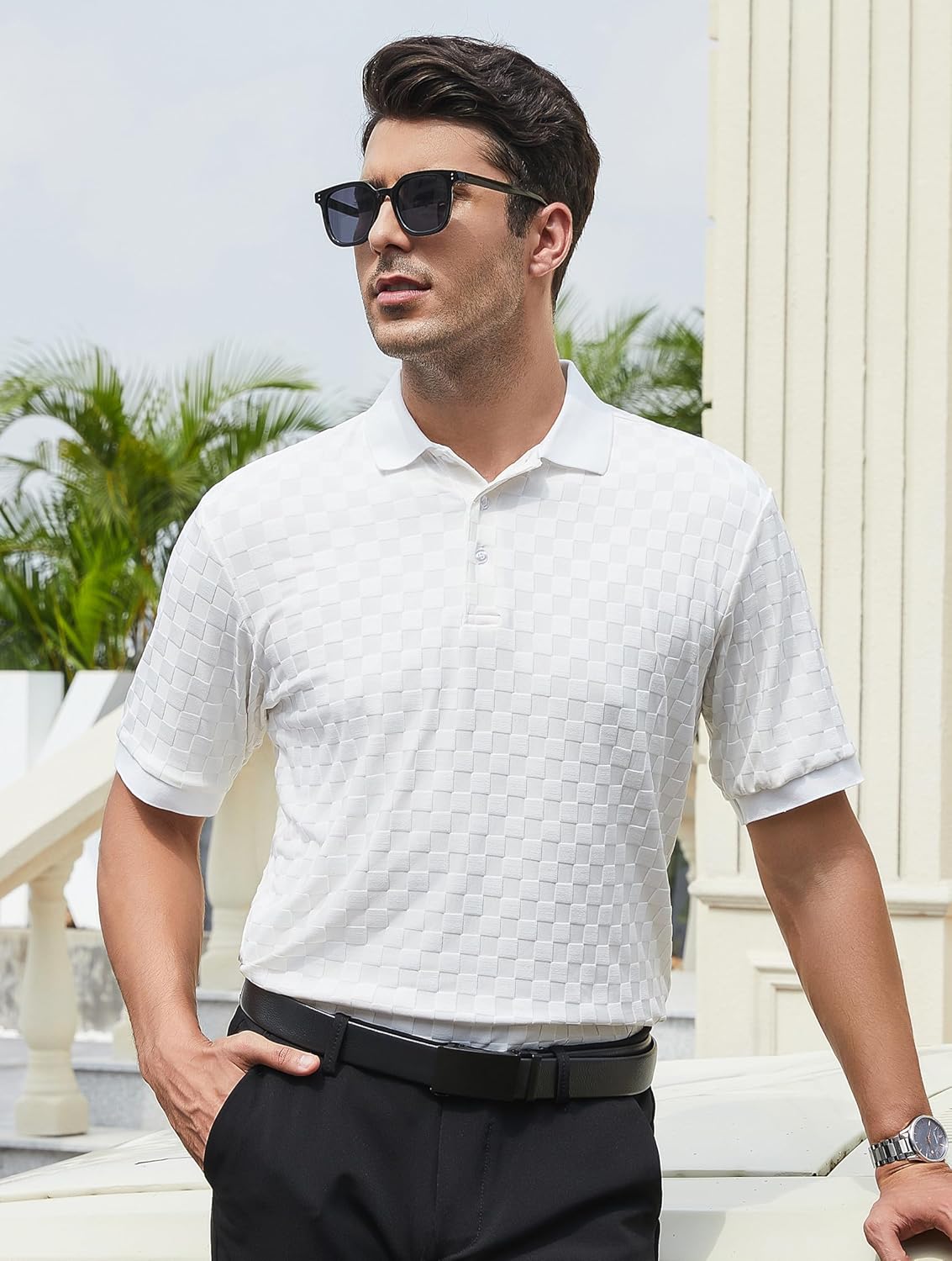 Esabel.C Golf Shirts for Men Dry Fit Performance Short Sleeve Print Moisture Wicking Collared Shirt