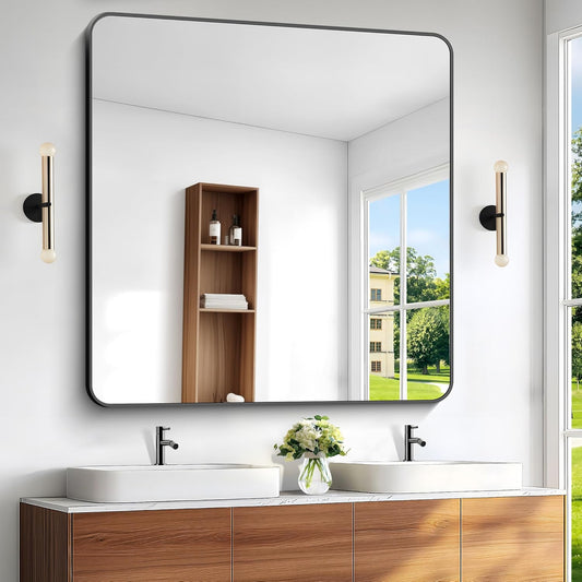 48x48 inch Bathroom Mirror,Black Rectangle Mirror,Wall Mounted Bathroom Frame Vanity Mirror with Round Corner for Bedroom Living Room,Entryway Hangs Horizontal or Vertical