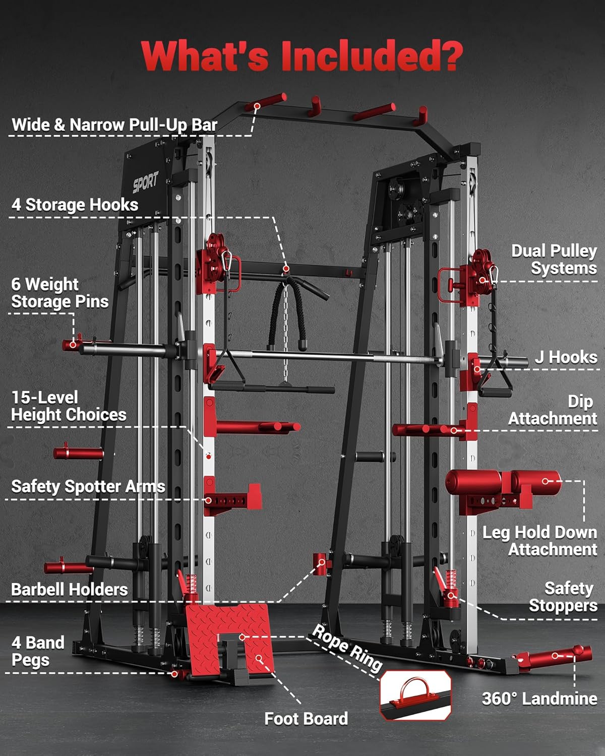 Smith Machine Home Gym All in One, 2200LBS Squat Rack Power Cage with Smith Bar, LAT Pull-Down, Cable Systems, Leg Hold-Down and More Attachments, Workout Equipment (Red Black)