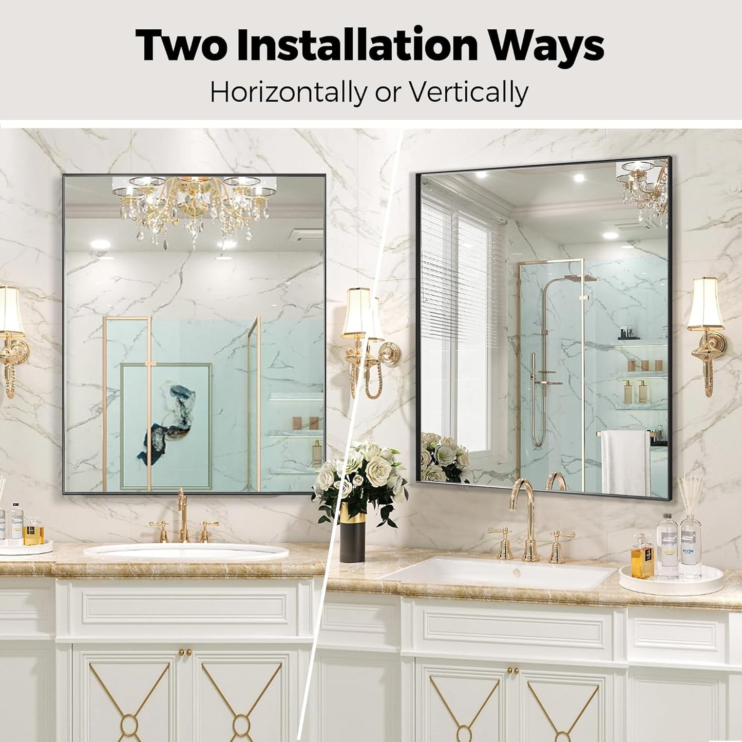 30x36 Inch Black Bathroom Mirror for Wall, Aluminum Frame Rectangle Rectangular Vanity Mirror, Modern Large for Bedroom, Living Room, Horizontal or Vertical