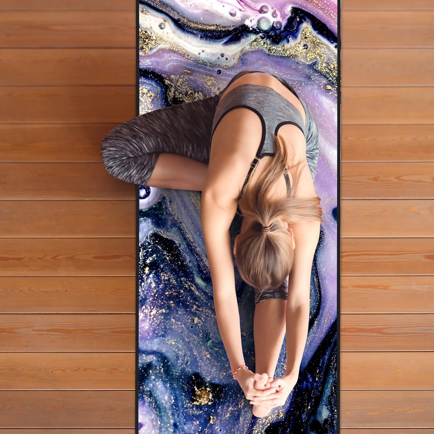 QiyI Yoga Mat Towel with Corner Pockets, Non Slip Sweat Absorbent Hot Yoga Towels, Soft Yoga Blankets with Travel Bag, Skidless Mat Cover for Workout, Gym, Fitness - 70"x26", Purple Gold Marble