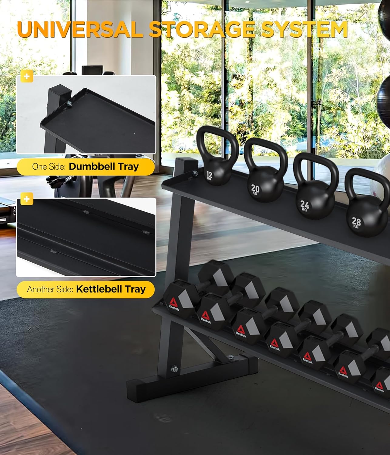 2-Tier 48" Dumbbell and Kettlebell Rack for Home Gym, 1000LBS Weights Storage for Free Weights, Dumbbells, Kettlebells and Medicine Ball