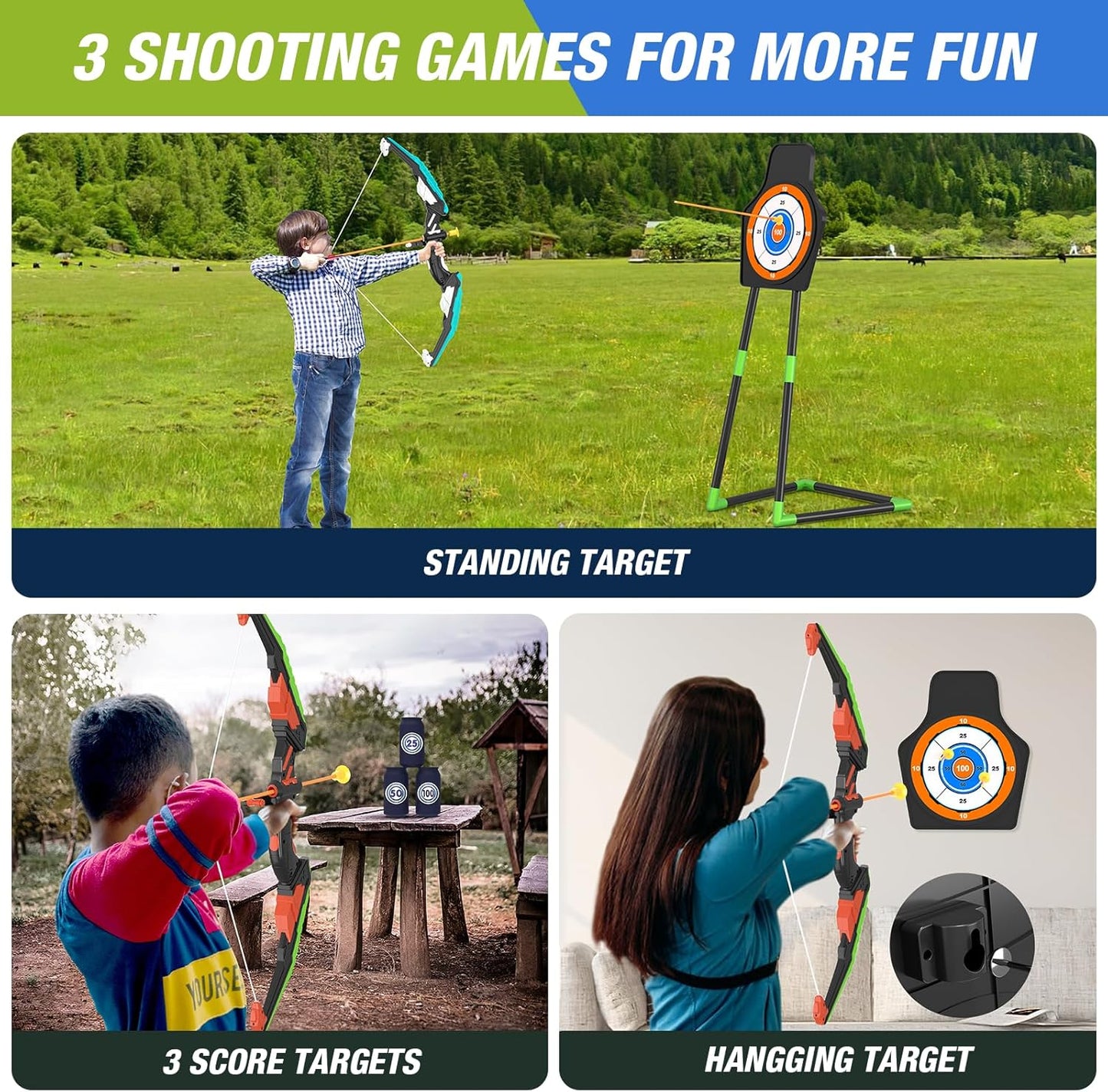 2 Pack Bow and Arrow for Kids, LED Light Up Archery Set with 24 Suction Cup Arrows, 1 Standing Target, 6 Score Targets & 2 Quiver, Indoor Outdoor Sport Gifts for Boys Girls Ages 4-8