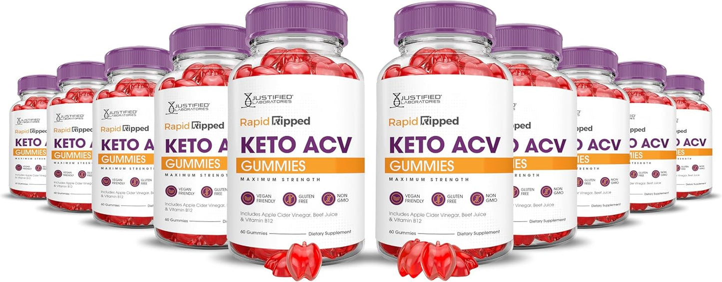 (10 Pack) Rapid Ripped Keto ACV Gummies Advanced Formula 1000MG Rapidripped Keto Gummies Apple Cider Vinegar Formulated with Pomegranate Beet Juice Powder B12 Vegan Non GMO 600 Gummys