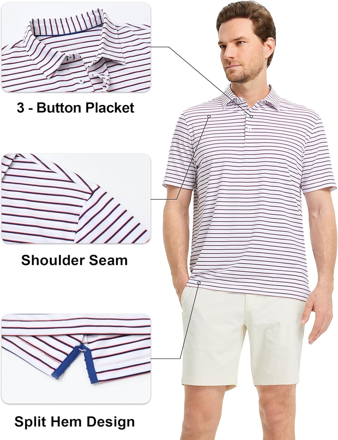 Rouen Mens Polo Shirts Short Sleeve Dry Fit Performance Moisture Wicking Causal Striped Polo Collared Golf Shirts for Men