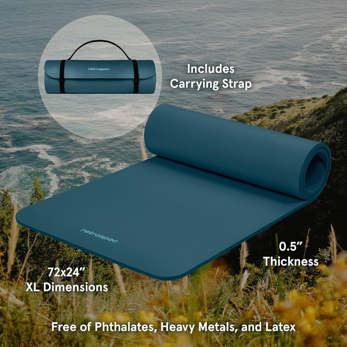 Retrospec Solana Yoga Mat 1/2" Thick w/Nylon Strap for Men & Women - Non Slip Exercise Mat for Yoga, Pilates, Stretching, Floor & Fitness Workouts