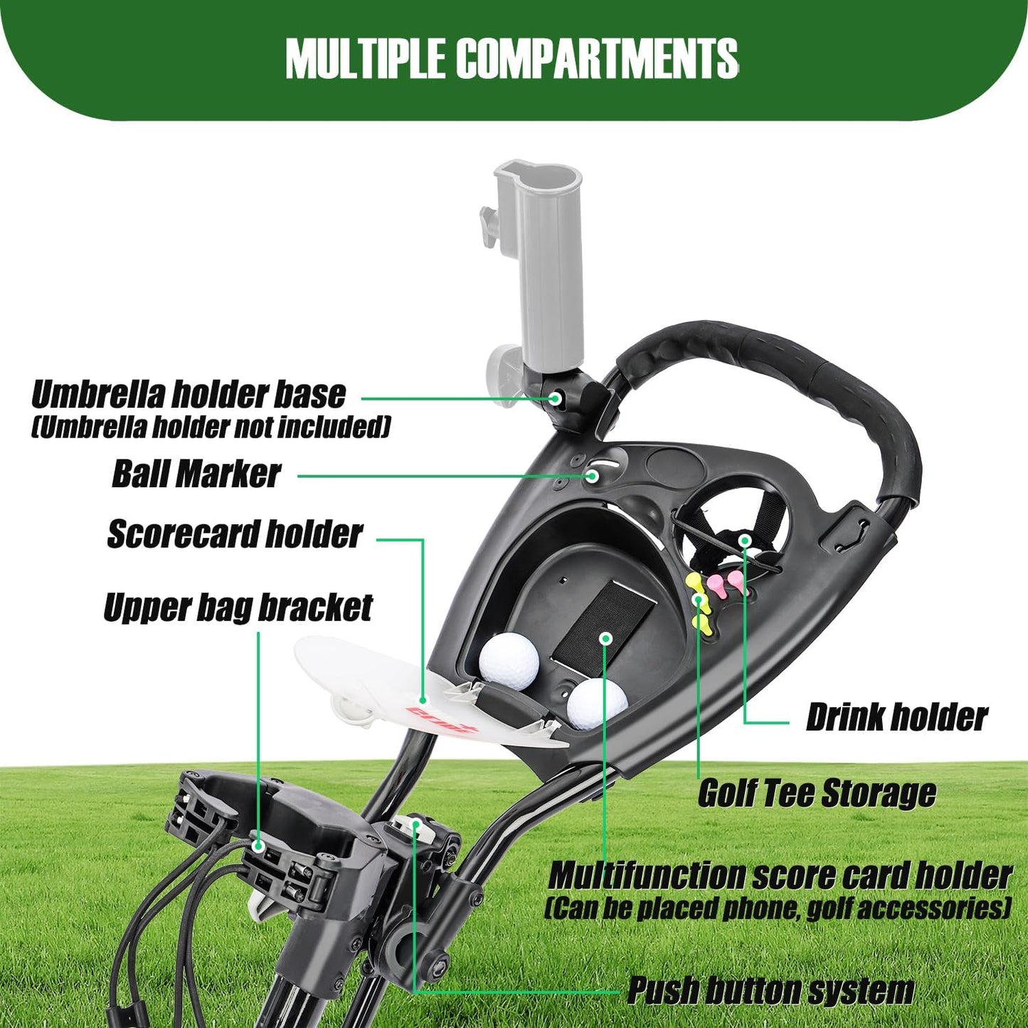 Golf Push Cart Series: 2-Wheel, 3-Wheel, 4-Wheel & 360° Swivel Front Wheel