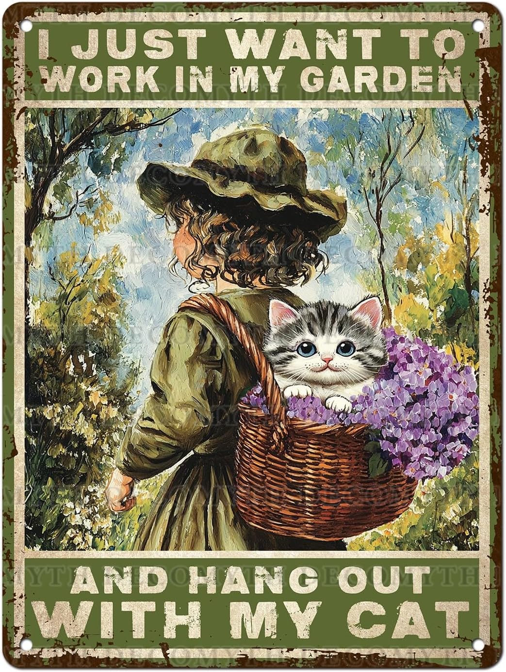 Garden Sign I Just Want To Work In My Garden and Hang Out With My Cat Vintage Metal Tin Sign Retro for Home Patio Backyard 12 * 16inch