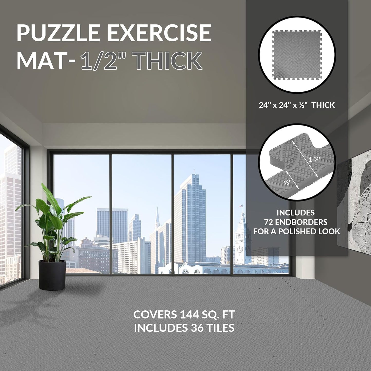 Puzzle Exercise Gym Flooring Mat, 1/2" Thick High-Density EVA Interlocking Tiles Workout Mat for Home Gym, Fitness Equipment, MMA, Gymnastics, 36-Piece Shock-Absorbing Exercise Mat (144 Sq Ft)