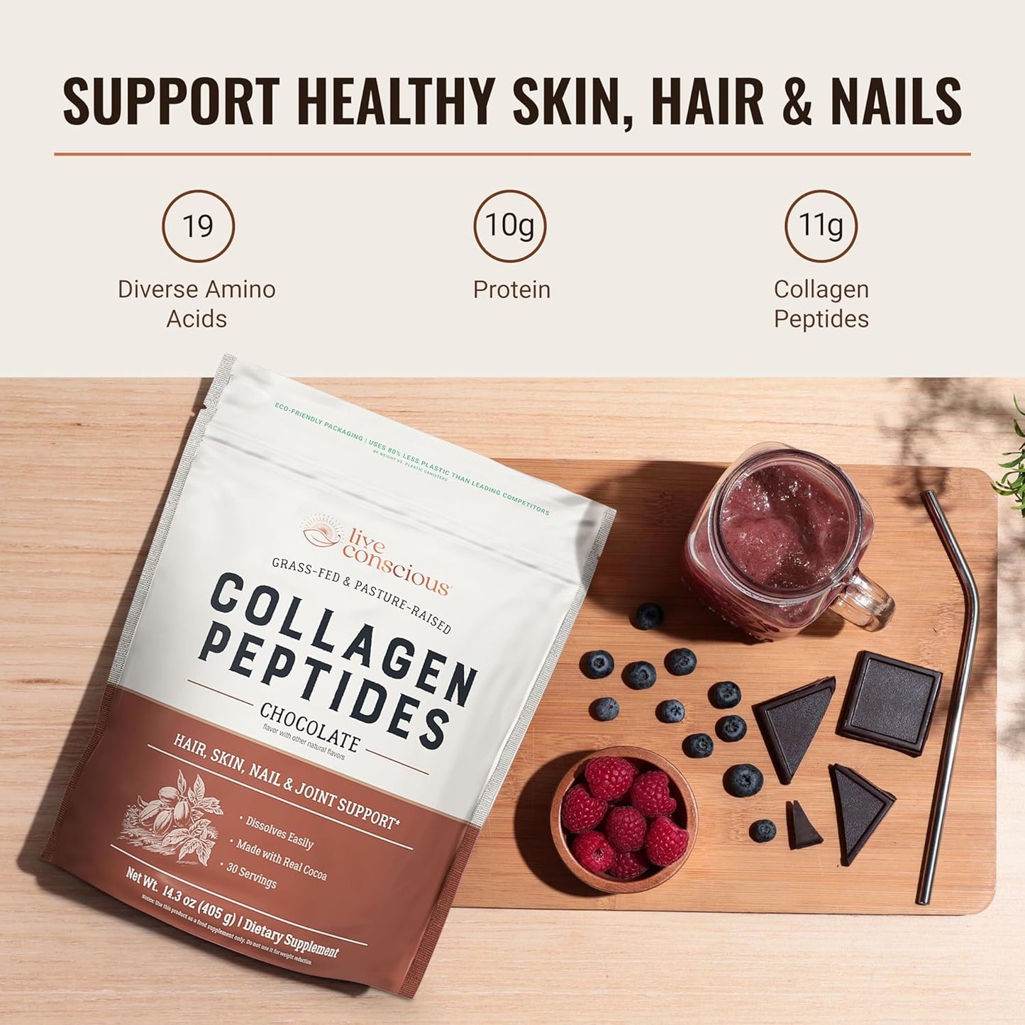 Live Conscious Collagen Peptides Powder - Chocolate Collagen Powder - Hair, Skin, Nail, and Joint Support - Type I & III Grass-Fed Collagen Supplements for Women and Men - 30 Servings - 14.3oz